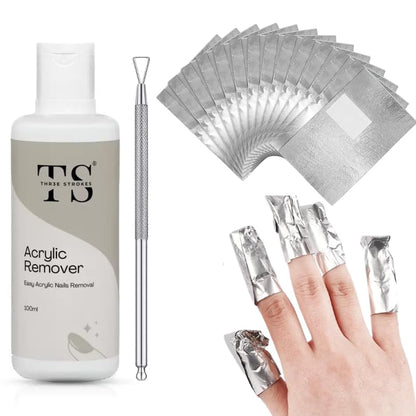 NP59 THR3E STROKES Acrylic Remover Kit, 100ml Gel Nail Polish Remover with Nail scrapper, 100pcs Foil nail Wrap, Quick & Easy Polish Remover In few Minutes Don't Hurt Your Nails