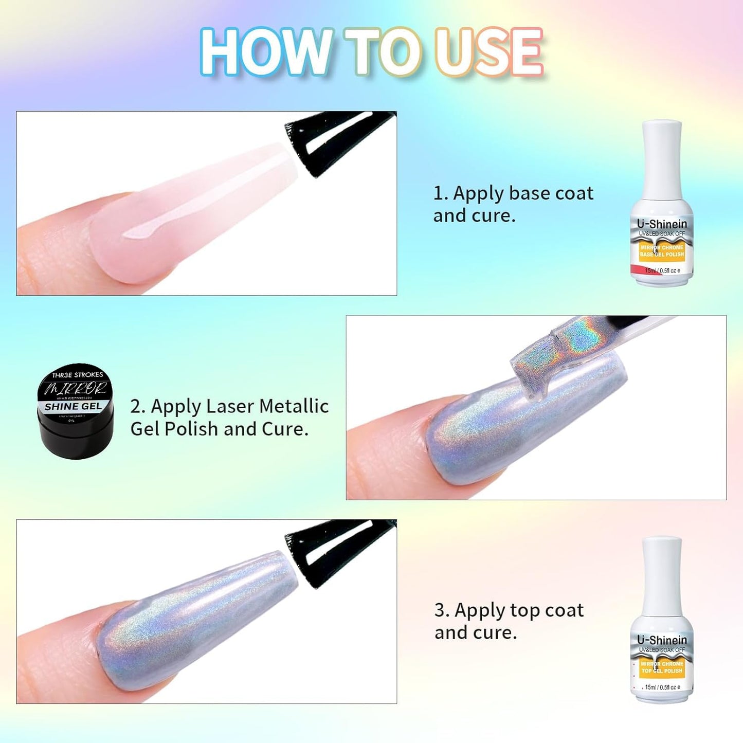 GV101 THR3E STROKES 8ml Holographic Metallic Painting Gel, Silver Mirror Gel Nail Polish Chrome Gel Nail Polish, 3D Metal Painted Drawing Gel Polish Laser Rainbow Effect High Gloss Soak Off UV/LED DIY Nail Art (SILVER HOLO)