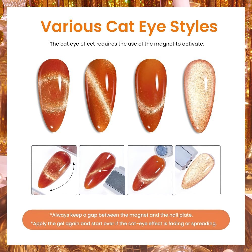 GV1172 THR3E STROKES Silk Cat Eye Gel Polish Set - 12 Colors (7.5ml) - Magnetic Velvet Shimmer Effect - UV/LED Soak Off Nail Art Manicure Kit (TEA HOUSE)