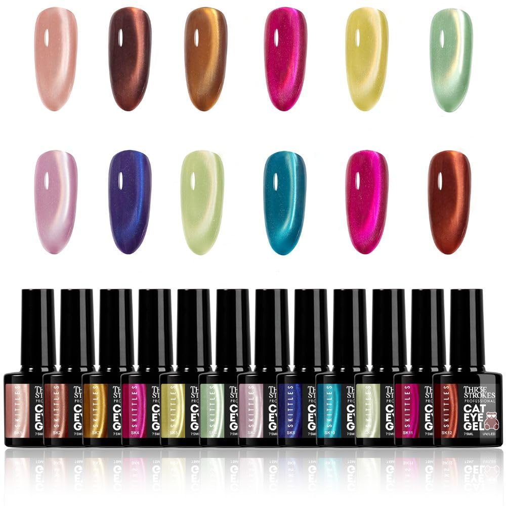 GV1171 THR3E STROKES Silk Cat Eye Gel Polish Set - 12 Colors (7.5ml) - Magnetic Velvet Shimmer Effect - UV/LED Soak Off Nail Art Manicure Kit (SKITTLES)