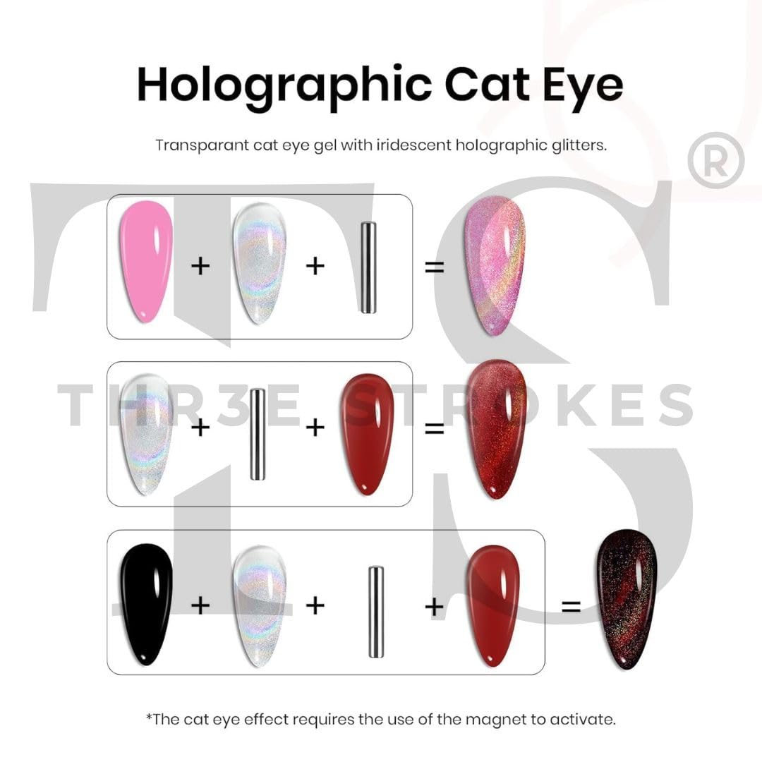 NP29 THR3E STROKES Rainbow Cat Eye Gel Nail Polish, 7.5ml Holographic 9D Sparkly Glitter Spring Gel Polish, Soak Off UV/LED Manicure Nail Art Designs, Flakie Finish