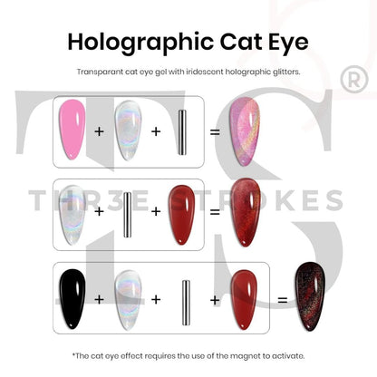 NP29 THR3E STROKES Rainbow Cat Eye Gel Nail Polish, 7.5ml Holographic 9D Sparkly Glitter Spring Gel Polish, Soak Off UV/LED Manicure Nail Art Designs, Flakie Finish