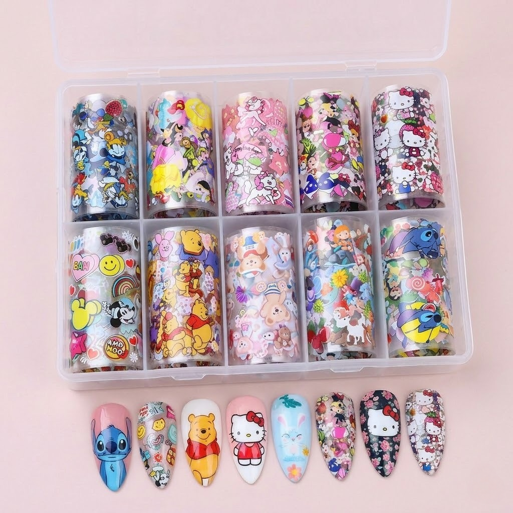 GV724 10PCS Nail Art Transfer Foil Set – Colorful Design Nail Stickers for DIY Nail Art & Manicure Decoration