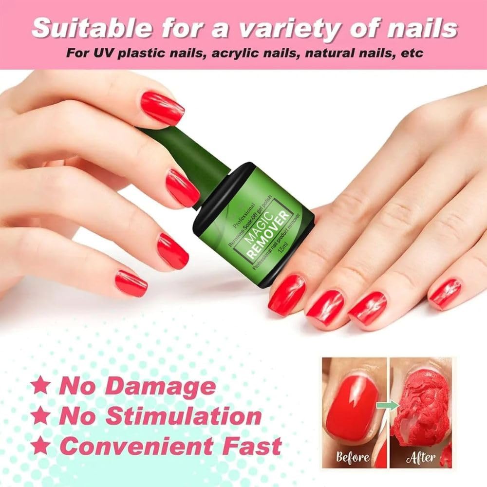 NP62 THR3E STROKES Gel Nail Polish Remover, No Need for Foil, Quick & Easy Polish Remover In 3-5 Minutes, No Need Soaking Or Wrapping Doesn't Hurt Nails-15ml (Set of 3) ( Buffer+Peeler+Cuticle Oil +Acrylic Remover) Accesories Free