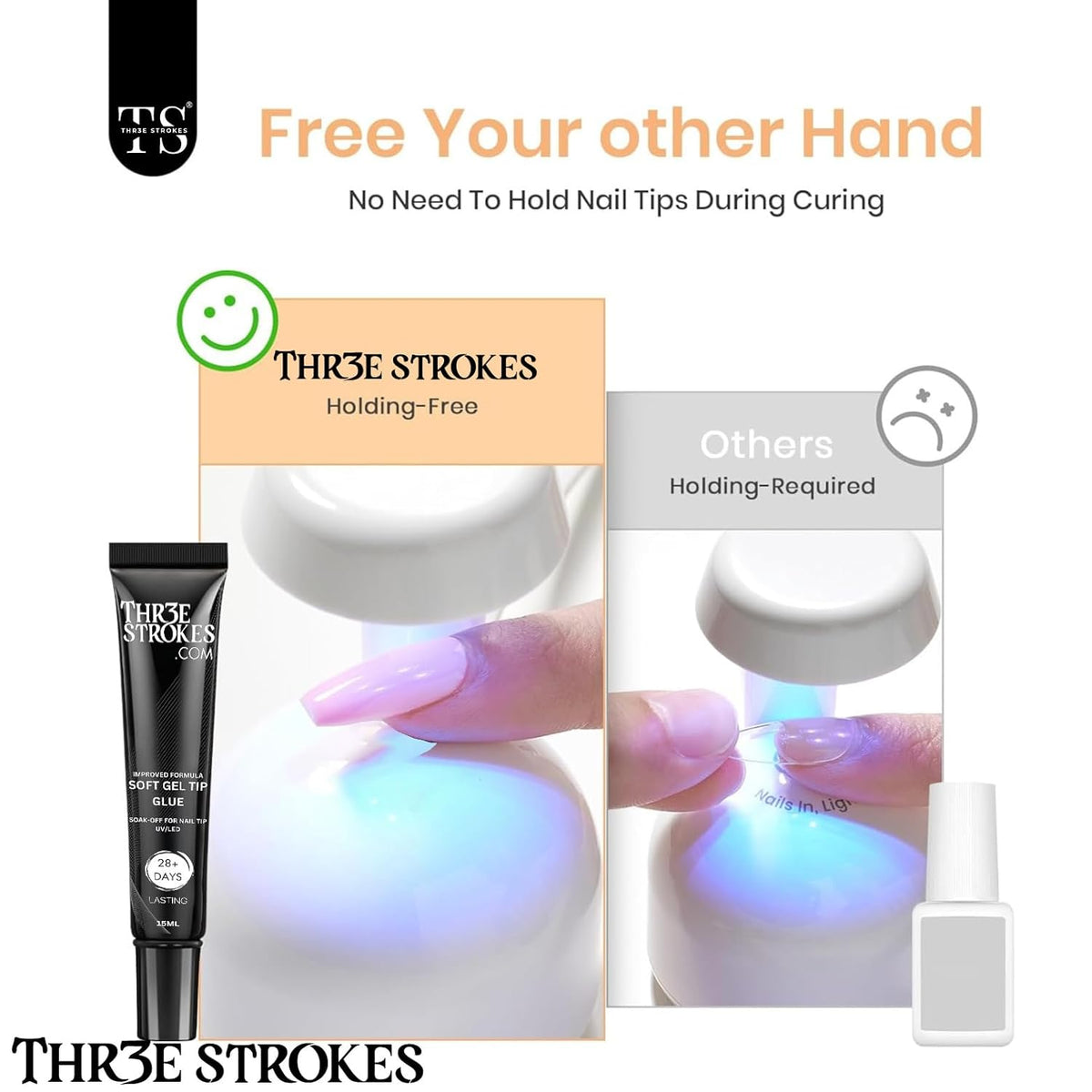 GV23 THR3E STROKES Upgrade 3 in 1 Nail Glue Gel for False Nail Tips, 20g Super Strong Nail Gel Glue for Nail Extension Soft Gel Nail Tips and 3D Nail Art Rhinestone Glue Soak Off UV Nail Gel Long Lasting
