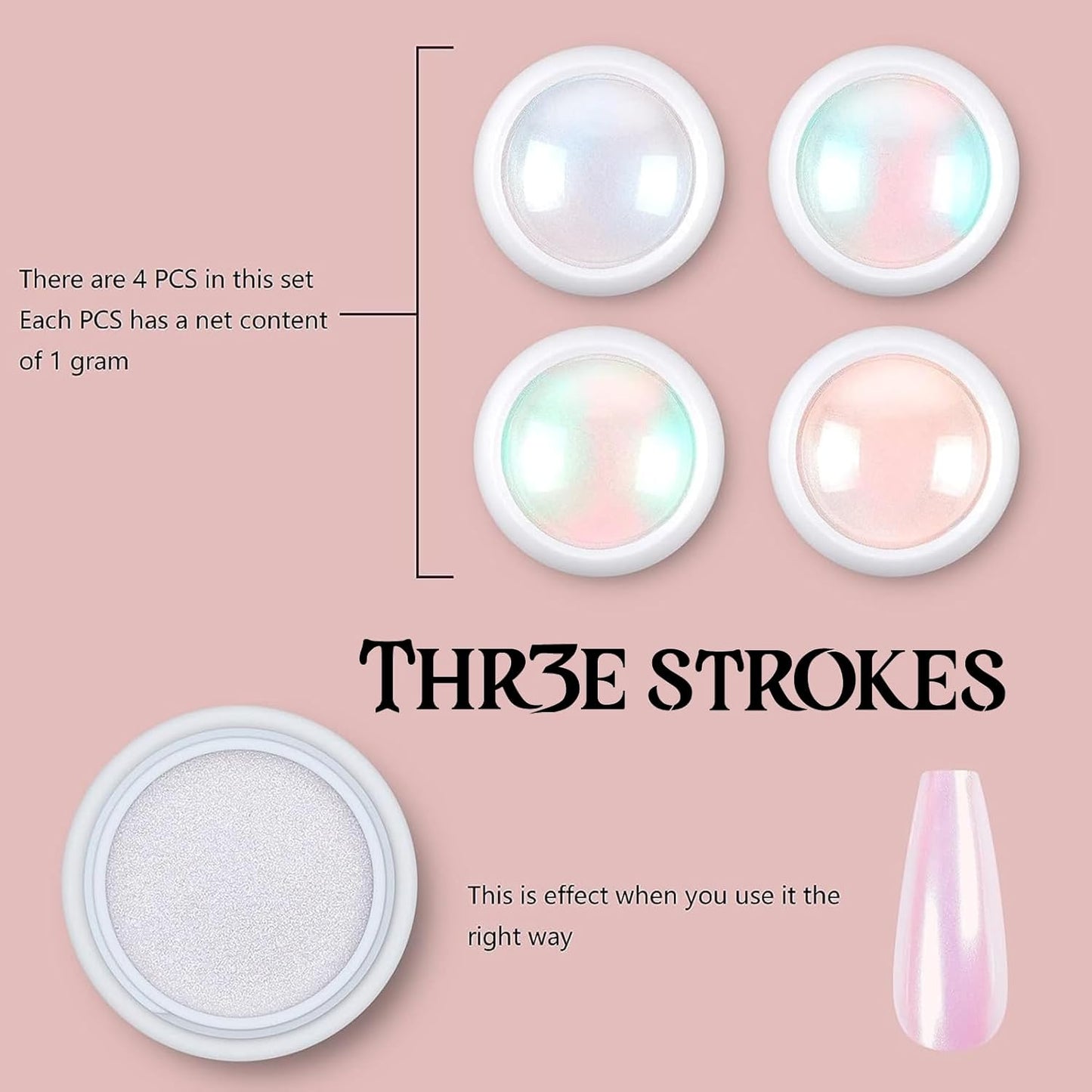 GV59 THR3E STROKES Chrome Nail Powder Metallic Mirror Glitter Effect Pigment Iridescent Aurora Mermaid Pearl Dust Kit for Gel Polish Nail Art Decoration, Resin Craft Arylic Powder (acp4) (Each 0.5gm)
