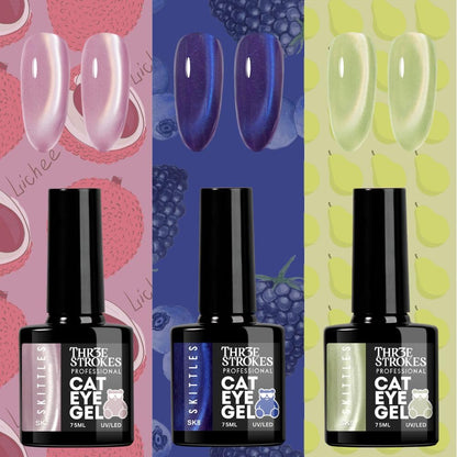 GV1171 THR3E STROKES Silk Cat Eye Gel Polish Set - 12 Colors (7.5ml) - Magnetic Velvet Shimmer Effect - UV/LED Soak Off Nail Art Manicure Kit (SKITTLES)