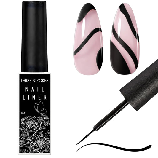 NP52 THR3E STROKES Liner Nail Art Gel Polish,Black Painted Gel Nail Design Polish 1 Bottle Soak off Curing Requires 8ml Build in Thin Brush for Classical Home Salon Diy Nail French Manicure Painting
