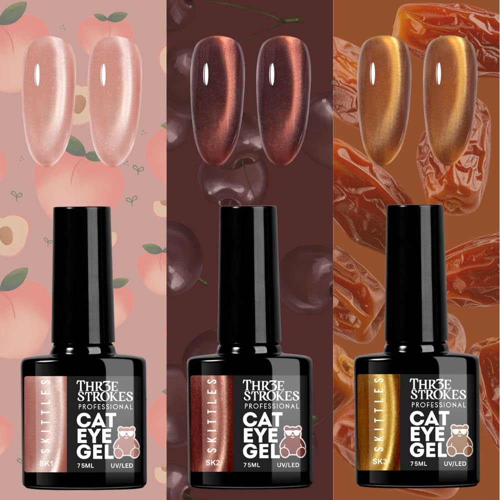 GV1171 THR3E STROKES Silk Cat Eye Gel Polish Set - 12 Colors (7.5ml) - Magnetic Velvet Shimmer Effect - UV/LED Soak Off Nail Art Manicure Kit (SKITTLES)