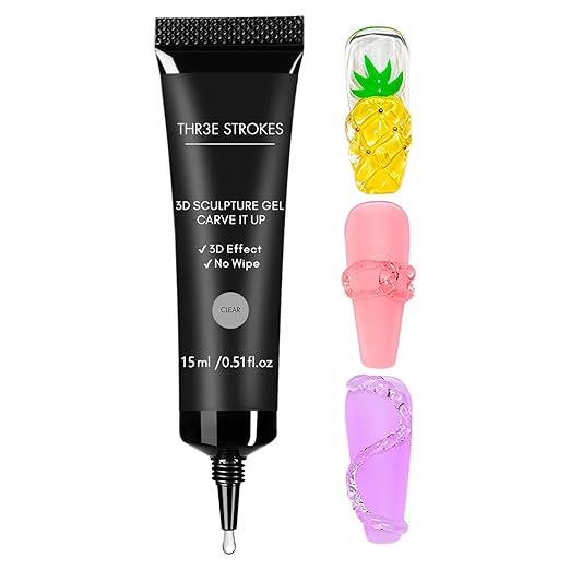 NP10 THR3E STROKES 15g 3D Sculpting Gel Nail Glue for Nail Designs and DIY Nail Art - Clear Gel Polish for Drawing, Molding, Sculpture and Decoration (CLEAR) (UV/LED LAMP REQUIRED)