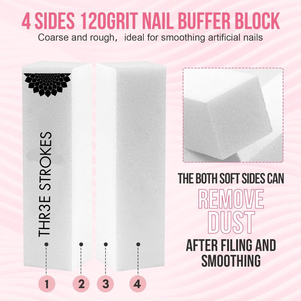 GV91 THR3E STROKES Nail Buffer Block,120Grit 4pcs Sponge Nail Files for Natural Nails Professional Washable White Buffer Polisher Sanding Buffer for Acrylic Nails Manicure Tools for Salon Beginner