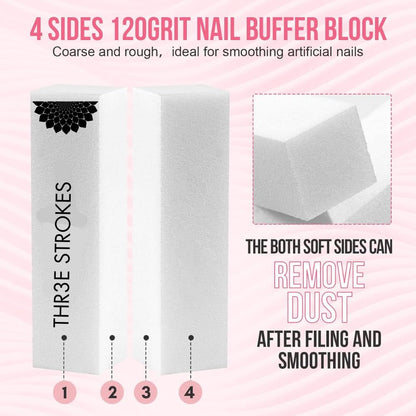 GV91 THR3E STROKES Nail Buffer Block,120Grit 4pcs Sponge Nail Files for Natural Nails Professional Washable White Buffer Polisher Sanding Buffer for Acrylic Nails Manicure Tools for Salon Beginner
