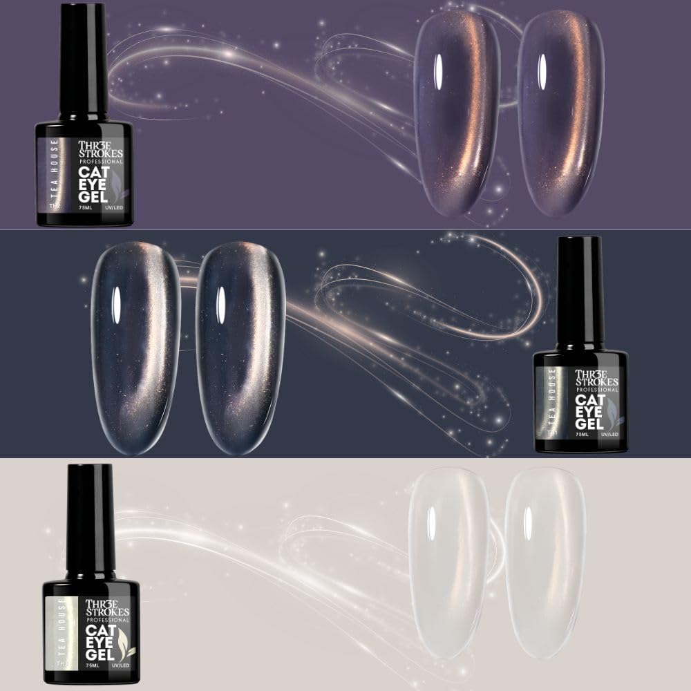 GV1172 THR3E STROKES Silk Cat Eye Gel Polish Set - 12 Colors (7.5ml) - Magnetic Velvet Shimmer Effect - UV/LED Soak Off Nail Art Manicure Kit (TEA HOUSE)