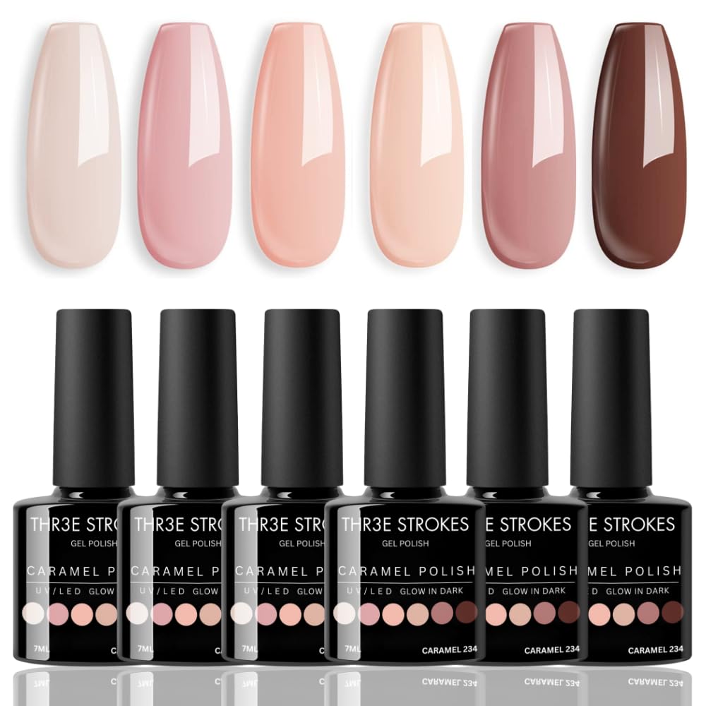 THR3E STROKES Nude Gel Polish Set | 6 Colors Neutral Pink & Brown