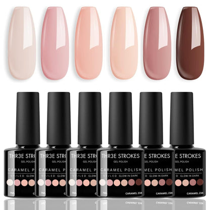 THR3E STROKES Nude Gel Polish Set | 6 Colors Neutral Pink & Brown