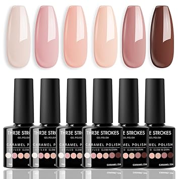 NP12 THR3E STROKES Gel Nail Polish Set- 6 Colors Nude Gel Polish All Seasons Skin Tones Pink Neutral Brown Gel Polish Kit (Uv/Led Lamp Required) Shades Need At Least 3 Layers, Shine Finish, 7.5 Milliliters