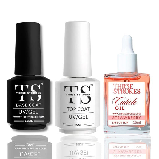 NP64 THR3E STROKES 3 Pcs 15Ml No Wipe Gel Top Coat And Base Coat Set With Cuticle Oil - Soak Off Led Nail Lamp Gel Base Top Coat Finish Nail Art Design For Women(Require uv lamp for drying)