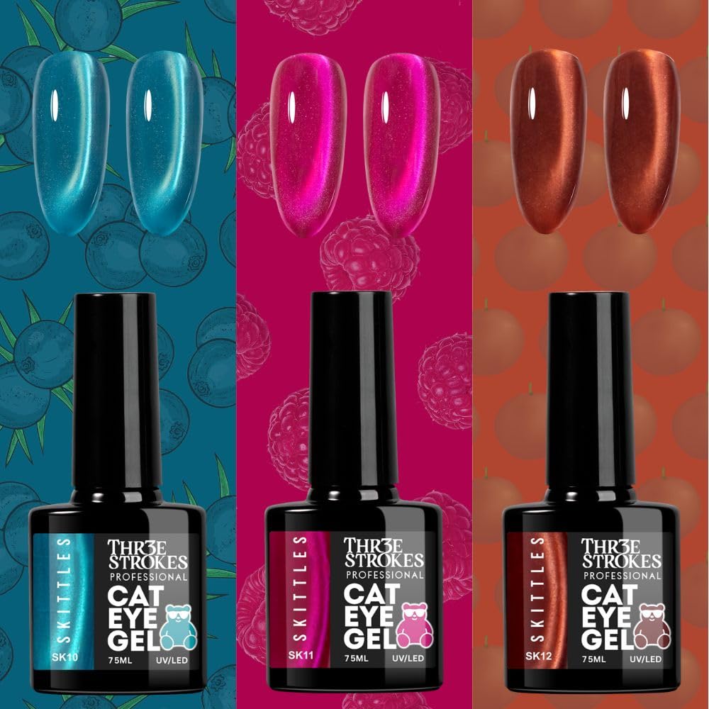 GV1171 THR3E STROKES Silk Cat Eye Gel Polish Set - 12 Colors (7.5ml) - Magnetic Velvet Shimmer Effect - UV/LED Soak Off Nail Art Manicure Kit (SKITTLES)