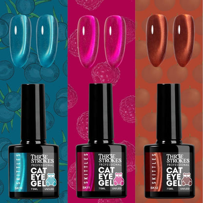GV1171 THR3E STROKES Silk Cat Eye Gel Polish Set - 12 Colors (7.5ml) - Magnetic Velvet Shimmer Effect - UV/LED Soak Off Nail Art Manicure Kit (SKITTLES)