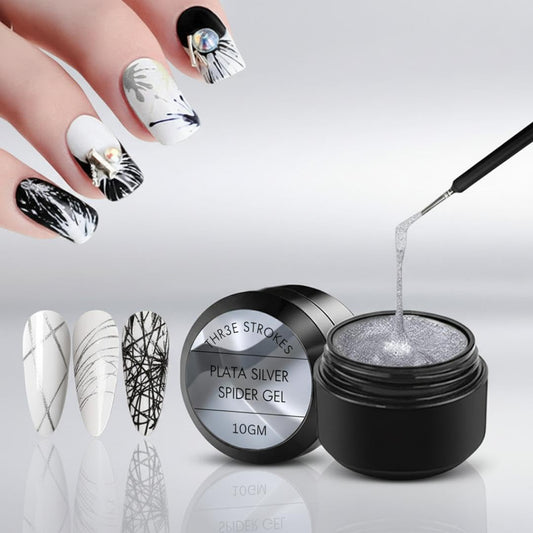 NP66 THR3E STROKES Silver Spider Gel Polish Kit Nail Spider Gel Paint For Nail Art Polish Thin Brush Spider Nail Gel Art Paint For Nails Uv Led Nail Polish Drawing Painting Black White Gel Nail Polish Kit (UV REQUIRE)