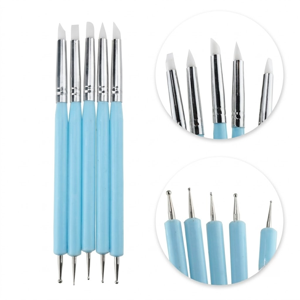 NP174 5 Pcs Dual-Ended Silicone Nail Art Brush & Dotting Tool Set, Light Blue Handles - 2-in-1 Silicone Sculpting Pens & Metal Ball Dotting Tools for 3D Gel Carving, Embossing & Nail Painting