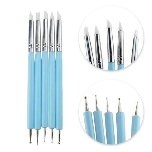 NP174 5 Pcs Dual-Ended Silicone Nail Art Brush & Dotting Tool Set, Light Blue Handles - 2-in-1 Silicone Sculpting Pens & Metal Ball Dotting Tools for 3D Gel Carving, Embossing & Nail Painting