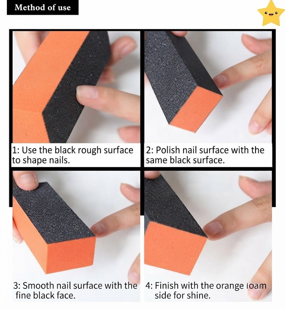 NP226 3-Way Black & Orange Professional Nail Buffer Block (9.2cm x 3.5cm) - Multi-Sided Sanding Sponge Block for Acrylic, Gel & Natural Nail Buffing