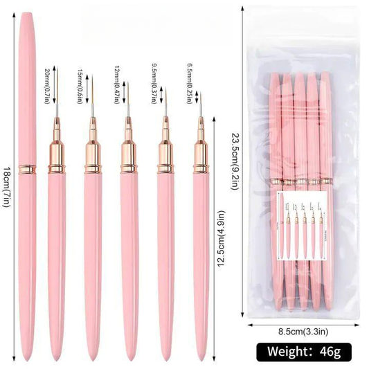 Professional Nail Art Liner Brush Set (5 Pcs) | Pink Handle Brushes