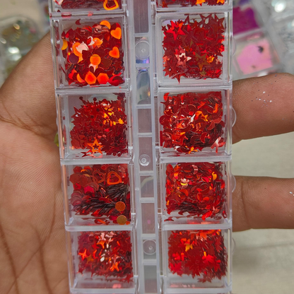 GV802 12-Color Red Holographic Nail Art Glitter Set – Hearts, Stars & Mixed Sequins for Gel & Acrylic Nails