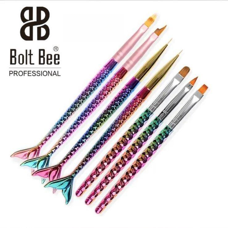 Bolt Bee Mermaid Tail Nail Art Brush Set | 6 Pcs Iridescent Gel Brushes