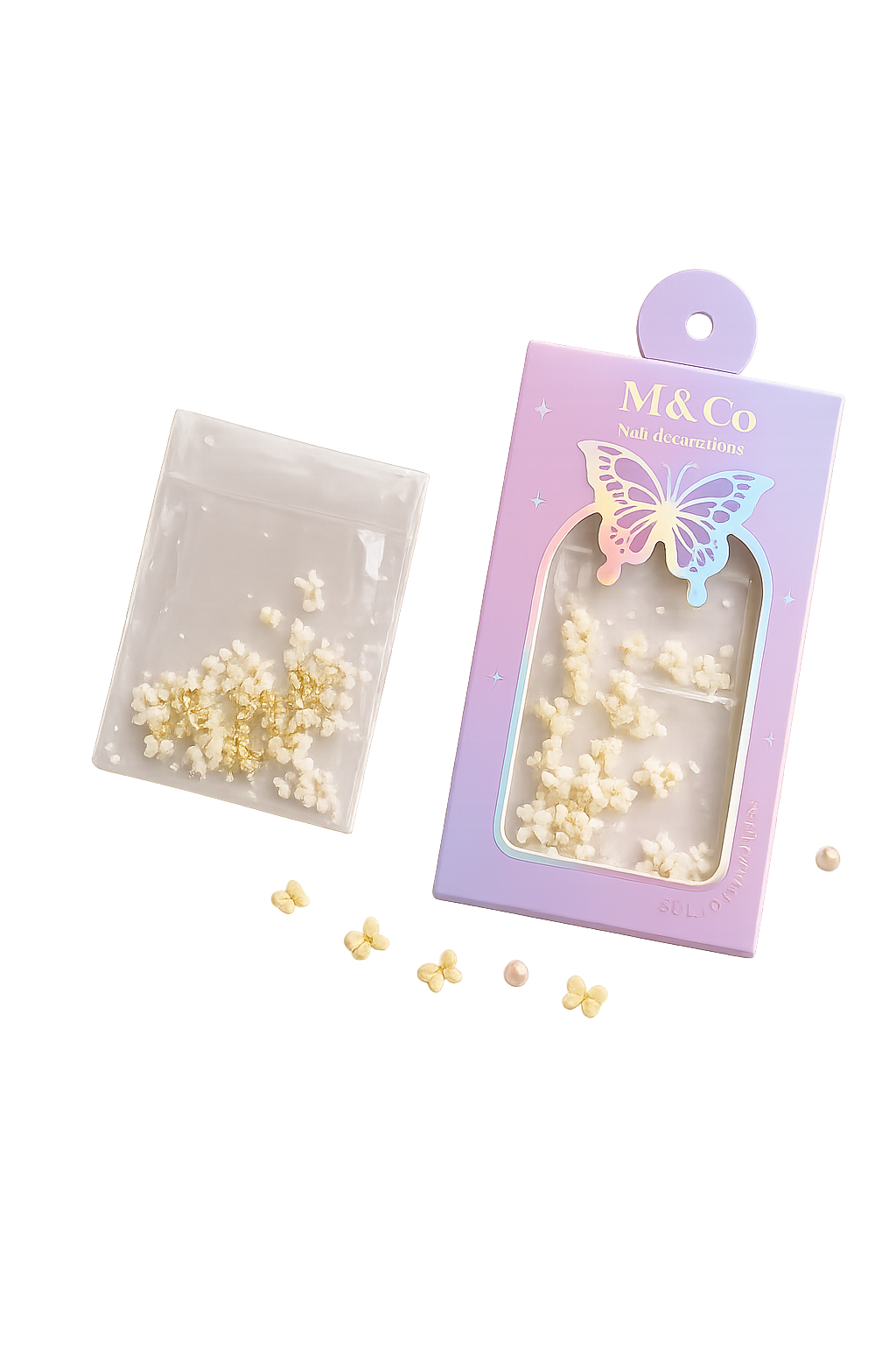 GV1116 M&Co 3D White Bow Knot Nail Art Decorations Set – Mixed Sizes, Pearls, and Gold Accents