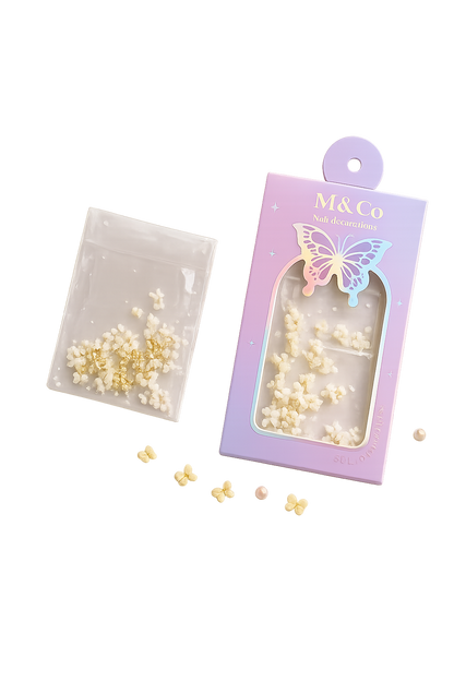 GV1116 M&Co 3D White Bow Knot Nail Art Decorations Set – Mixed Sizes, Pearls, and Gold Accents