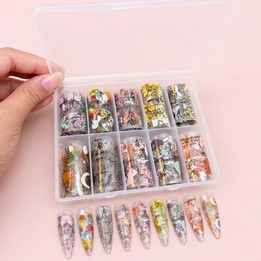 GV921 10pcs Abstract Line Art Nail Foil Transfer Set – Modern Face & Floral Design Foils with Storage Box for Gel Nail Art