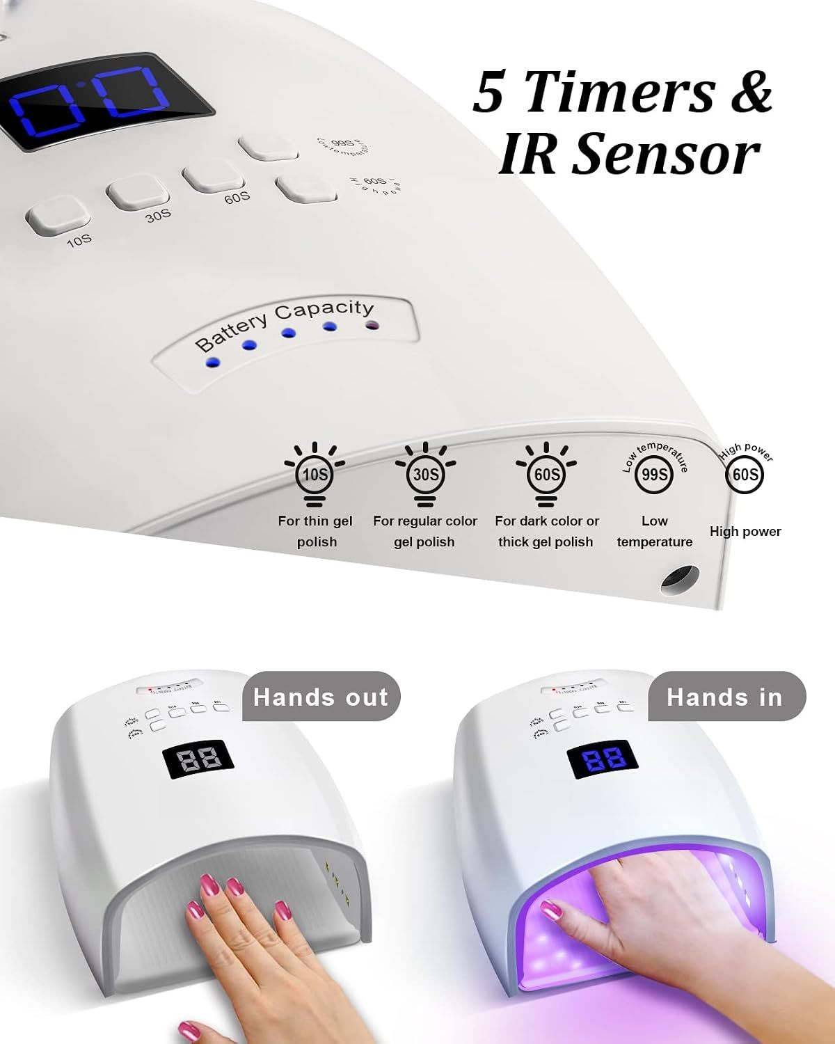 GV1130 Cordless Rechargeable UV LED Nail Lamp S10, Dual Light Source 365+405nm Nail Dryer with 5 Timers, IR Sensor, Low Temperature & High Power Modes for Gel Polish, Manicure & Pedicure