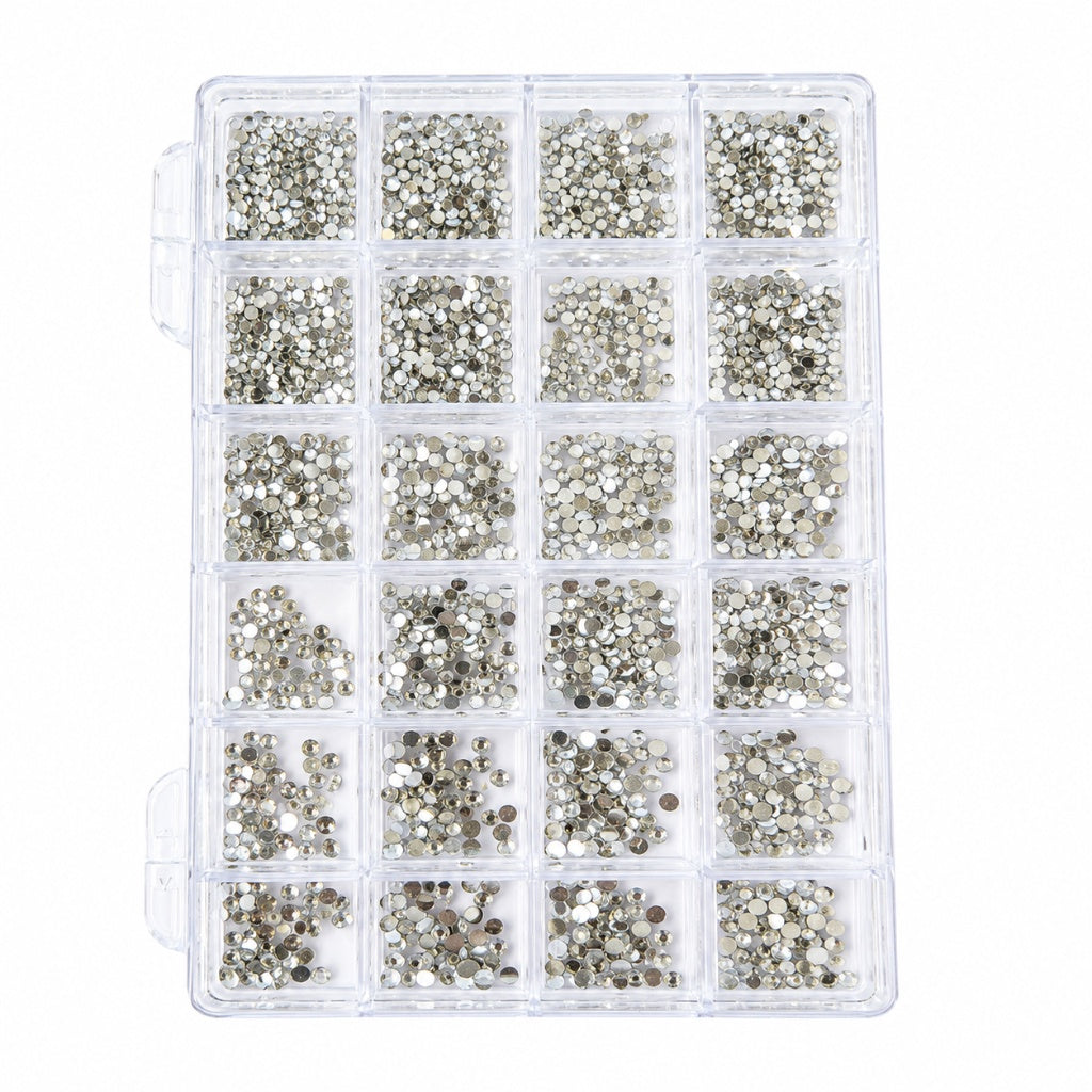 GV1227 24-Grid Clear Crystal Silver Flatback Nail Art Rhinestones Kit - Heavy-Duty Storage Organizer Box with Multi-Size Diamond Clear Glass Gems & Precision Facets for Gel Polish, Acrylic Nails & DIY Crafts