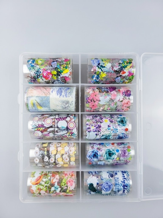 GV1173 10 Rolls Floral & Bohemian Nail Transfer Foil Set, 10 Compartments - Flowers, Dreamcatchers & Watercolor Nail Art Foil Rolls for Gel, Acrylic Nails & DIY Manicure