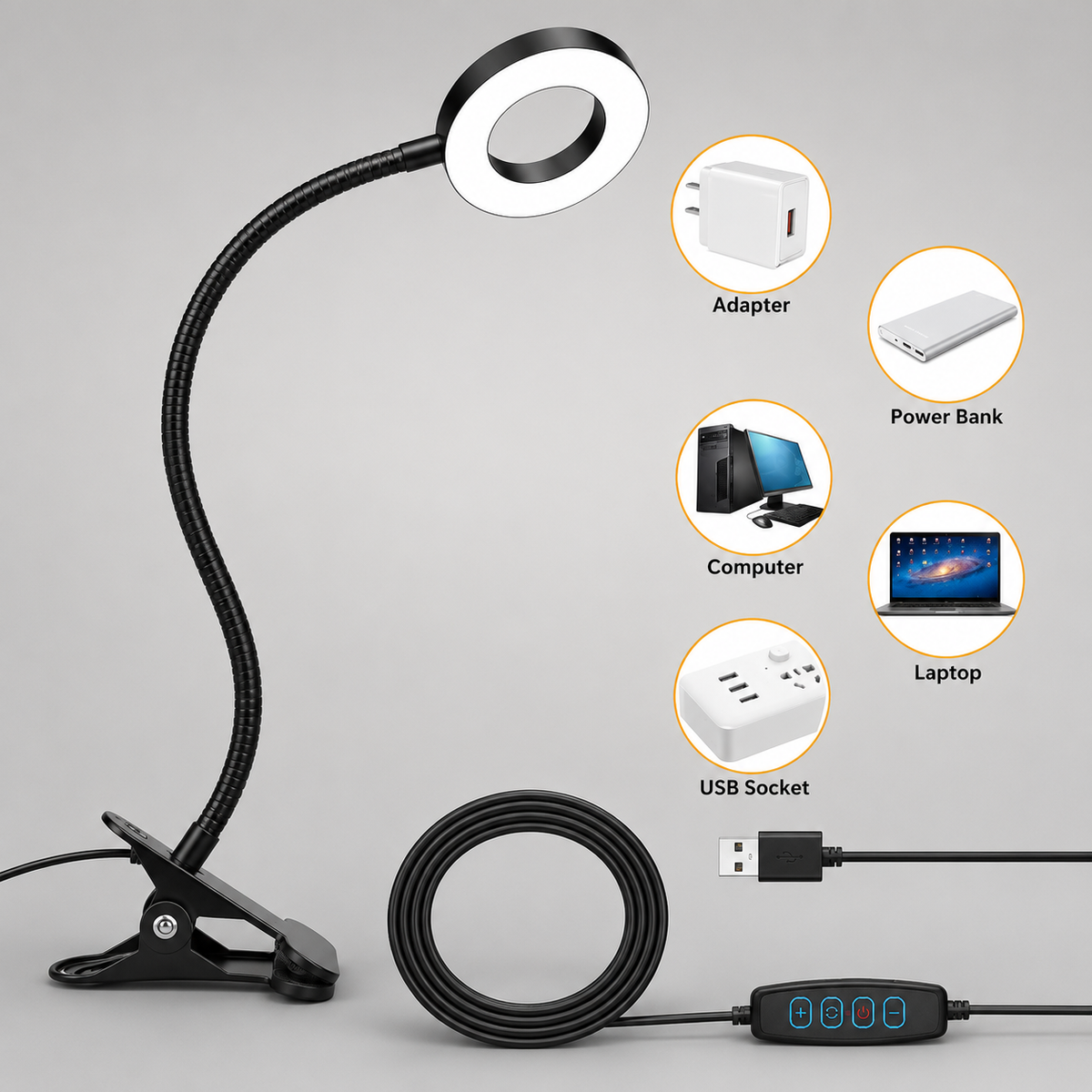 GV908 LED Clip-On Flexible Metal Tube Lamp with Plastic Head – Mini USB Gel Nail Dryer Desk Lamp for DIY Manicure Color may Vary
