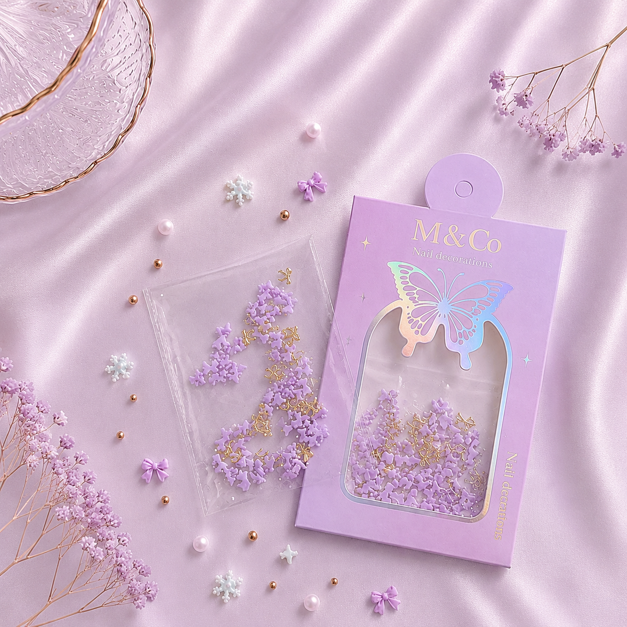 GV1119 M&Co 3D Lavender Purple Bow Knot Nail Art Decorations Set – Mini Shapes and Gold Accents