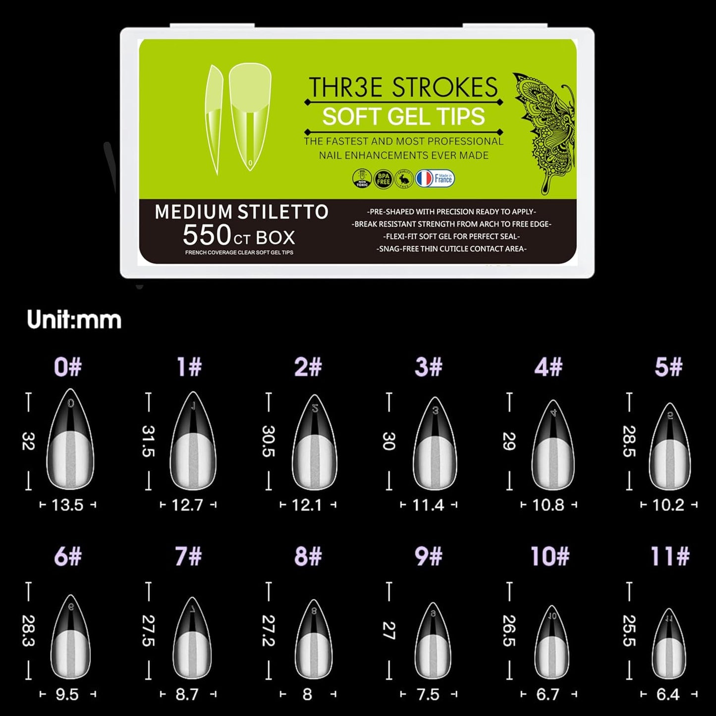 GV31 THR3E STROKES Soft Gel Nail Tips, Full Cover Clear Soft Nail Tips for Artificial False Nails Extension Nail Salons DIY Nail Art with Box, 550PCS (MEDIUM STILLETO N20)