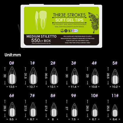 GV31 THR3E STROKES Soft Gel Nail Tips, Full Cover Clear Soft Nail Tips for Artificial False Nails Extension Nail Salons DIY Nail Art with Box, 550PCS (MEDIUM STILLETO N20)