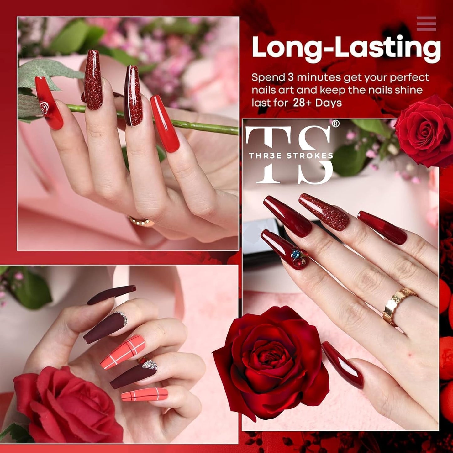 THR3E STROKES Roja Red 888 Gel Set | 6-Color Glitter & Glossy Polish