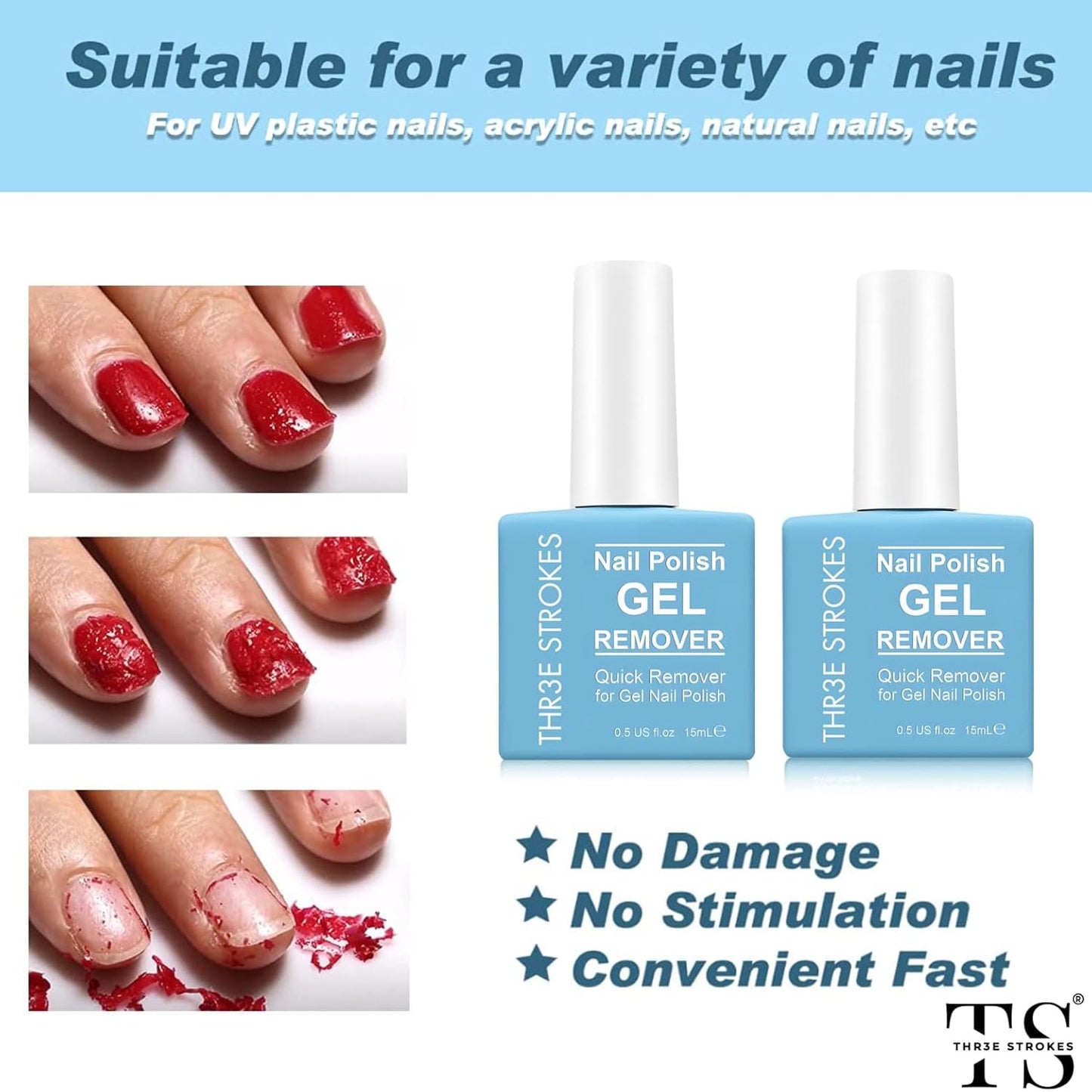 NP46 THR3E STROKES Gel Nail Polish Remover: Professional, Natural, 15ml, 5g, Quickly & Easily Removes Gel Polish in 3-5 Minutes, No Soaking or Wrapping, Nail Polish Remover