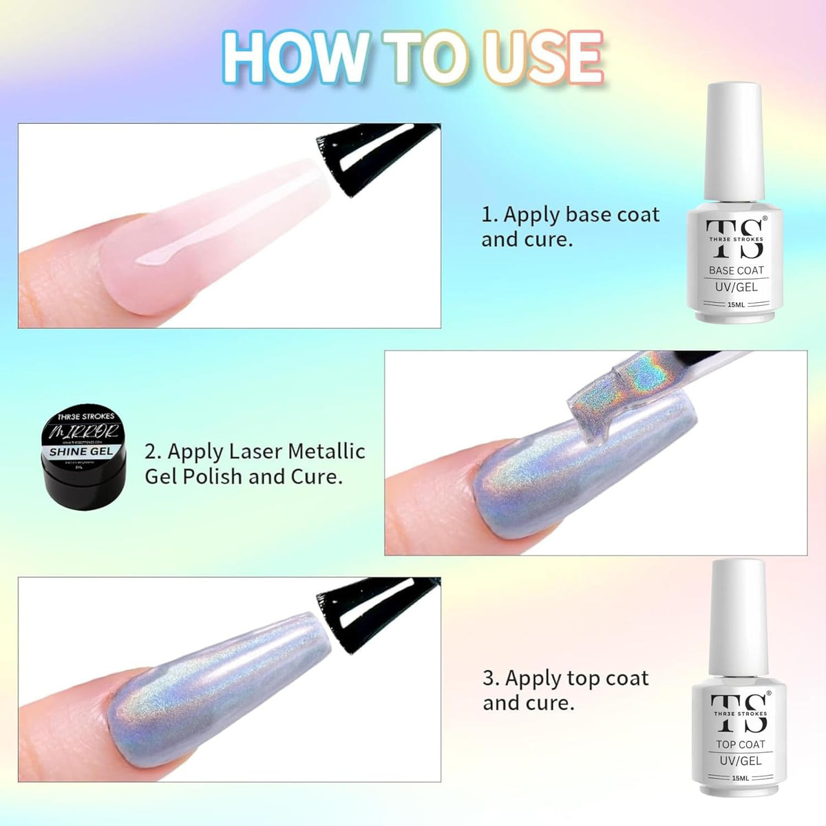 GV101 THR3E STROKES 8ml Holographic Metallic Painting Gel, Silver Mirror Gel Nail Polish Chrome Gel Nail Polish, 3D Metal Painted Drawing Gel Polish Laser Rainbow Effect High Gloss Soak Off UV/LED DIY Nail Art (SILVER HOLO)