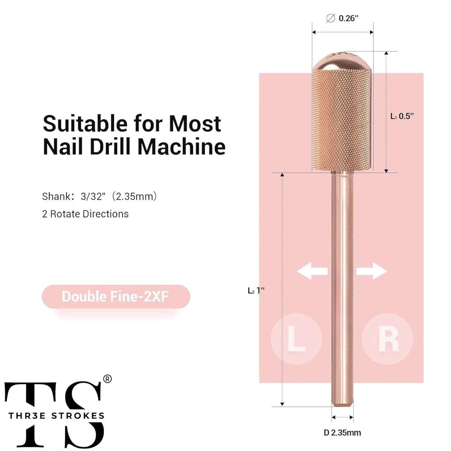 GV73 THR3E STROKES Nail Drill Bits, 3/32'' Smooth Round Top Large Barrel Carbide Bits, Suitable for Manicure Pedicure Cuticle Gel Polishing, Beginners Bits, Rose Gold, Series Bit (Double Fine-2XF, ROSE GOLD)