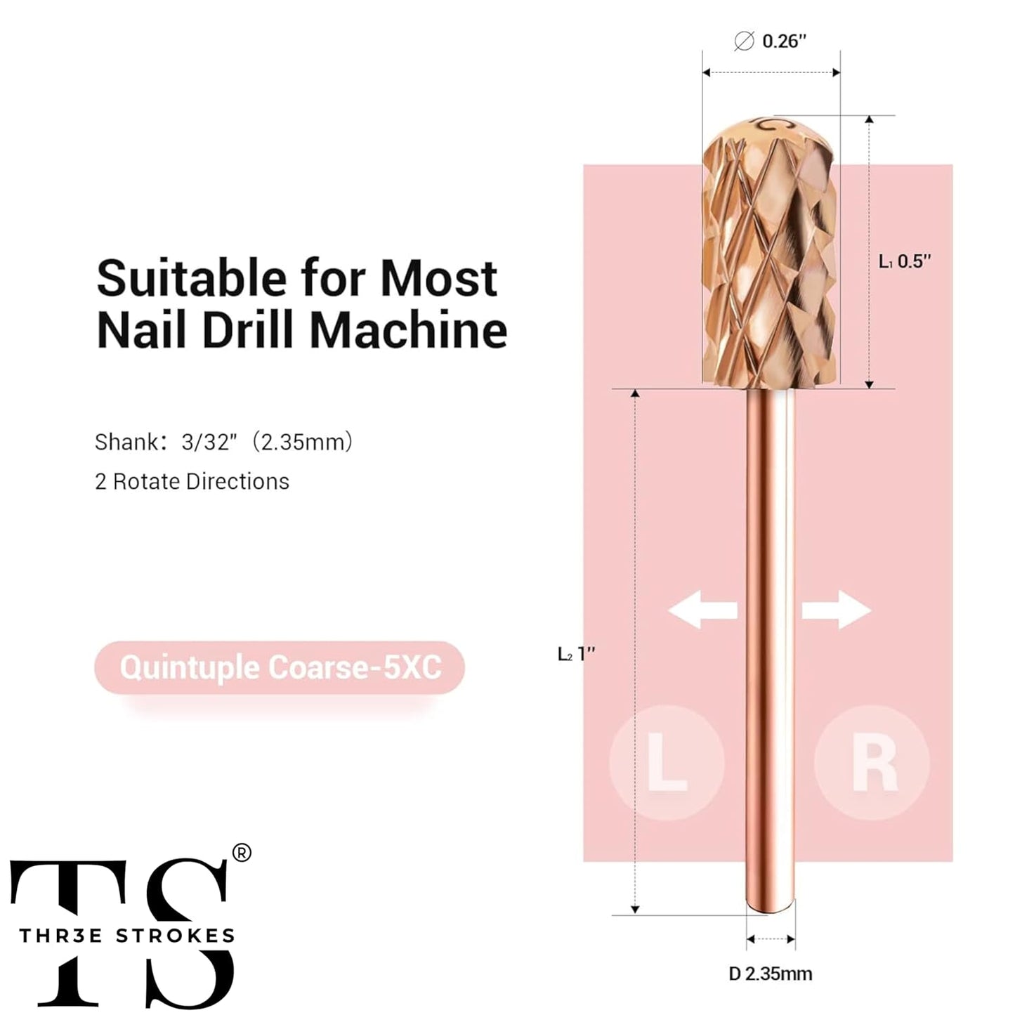 GV70 Nail Drill Bits, 3/32'' Smooth Round Top Large Barrel Carbide Bits, Suitable for Manicure Pedicure Cuticle Gel Polishing, Beginners Bits, Rose Gold, Series Bit (Quintuple Coarse-5XC, ROSE GOLD)