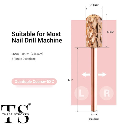 GV70 Nail Drill Bits, 3/32'' Smooth Round Top Large Barrel Carbide Bits, Suitable for Manicure Pedicure Cuticle Gel Polishing, Beginners Bits, Rose Gold, Series Bit (Quintuple Coarse-5XC, ROSE GOLD)