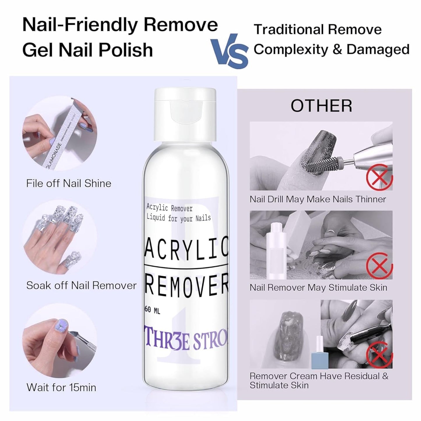 NP58 THR3E STROKES Acrylic Nail Polish Remover | Gentle Formula for Acrylic, Dip Powder & Gel Nail Removal | Large Volume Manicure Tool 60ML