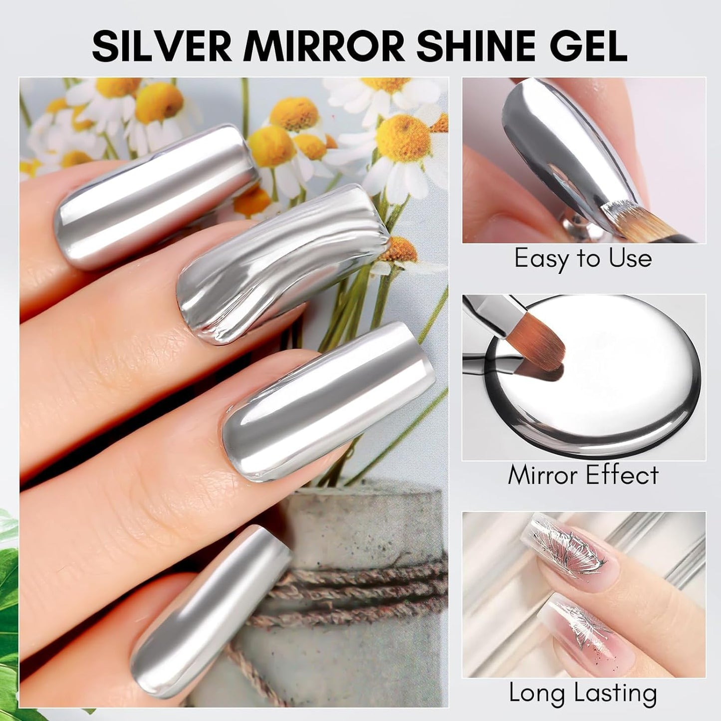 GV100 THR3E STROKES 8Ml Mirror Shine Gel Metallic Finish Silver Gel Uv/Led Gel Metal Painting Gel Drawing Mirror Nail Gel For Nail Art Designs (Silver)