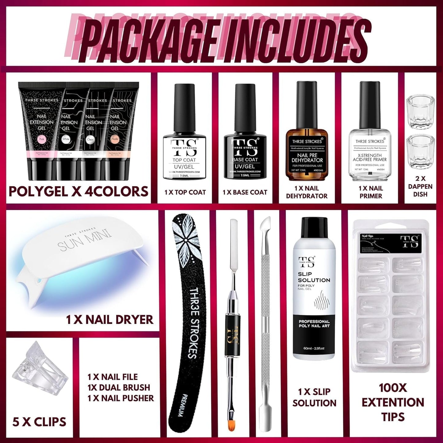 NP34 THR3E STROKES TOXIC FREE Poly Nail Gel Extension Kit for Builder Gel, UV Nail Art Kit, Nail Extension Set, Glue-Free Manicure and Pedicure Set (20 Items in Set)(RUBY KIT)