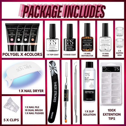 NP34 THR3E STROKES TOXIC FREE Poly Nail Gel Extension Kit for Builder Gel, UV Nail Art Kit, Nail Extension Set, Glue-Free Manicure and Pedicure Set (20 Items in Set)(RUBY KIT)